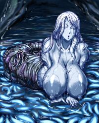 big_breasts bloodborne blue_body blue_nipples blue_skin cleavage closed_eyes female female_only fromsoftware glands_of_montgomery hanging_breasts huge_areolae huge_breasts large_areolae long_hair mitsugu_buntai monster_girl nude open_mouth sagging_breasts slime snail_girl snail_woman_(bloodborne) solo sony_corporation sony_interactive_entertainment veins veiny_breasts webbed_hands wet wet_body wet_skin white_body white_hair