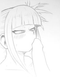 1girls 23condex black_and_white blush fellatio female female_focus female_only hairbun himiko_toga james_ls my_hero_academia oral penis slit_pupils sucking