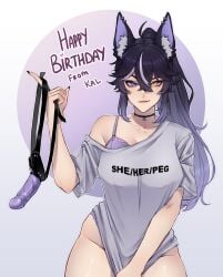 1girls ahoge big_breasts black_hair black_nails female female_only femdom fox_ears foxgirl heterochromia highres kyaree long_hair oversized_shirt ponytail pronouns purple_eyes simple_background smirk solo strap-on two_tone_hair underwear virtual_youtuber yellow_eyes