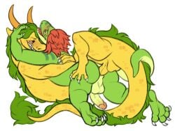 4:3 anal anal_sex anthro asian_mythology blush dragon duo east_asian_mythology eastern_dragon embrace entangled fetishame green_body green_hair hair hi_res hindpaw hug humanoid_genitalia kazu-ko_seymour lizard long_hair male male/male mythology paws penetration prehensile_tail red_hair reptile scales scalie smile spots yellow_body