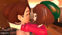 2girls 3d brown_hair french_kiss glasses gloria_(pokemon) incest indoors kissing mother_(pokemon_ss) mother_and_daughter multiple_girls nobodyrly_(artist) pokemon pokemon_ss saliva saliva_string saliva_trail sfm tongue_out yuri