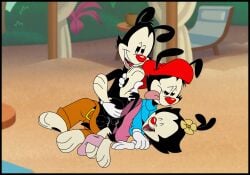 anal animaniacs anthro black_border bodily_fluids border cum dot_warner erection female genital_fluids genitals group group_sex hi_res humanoid incest kaion male male/female male/male/female orgy penis pussy sex trio wakko_warner warner_brothers yakko_warner