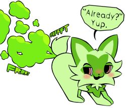 alpha_channel ambiguous_gender ass_up blush fart fart_cloud fart_fetish felid feline feral game_freak mammal nintendo pokémon_(species) pokemon pokemon_sv skunkinsly smug solo speech_bubble sprigatito transparent_background video_games