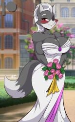 1girls 2022 anthro big_breasts blush breasts canine cleavage dress eye_patch female female_only flower furry grey_fur looking_at_viewer mastergodai muscular muscular_female nintendo red_eyes rule_63 solo star_fox wedding_dress white_hair wide_hips wolf wolf_o'donnell