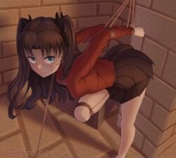 absurdres arms_behind_back bangs bent_over black_hair black_legwear black_ribbon black_skirt blue_eyes bondage bound breasts closed_mouth fate/stay_night fate_(series) female female_focus hair_ribbon highres huge_filesize lattetrouble long_hair looking_at_viewer looking_up red_shirt restraints ribbon shirt skirt small_breasts solo tohsaka_rin twitter_username two_side_up