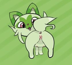 animal_genitalia animal_pussy anus ass felid feline feline_pussy female feral genitals green_theme low_res mammal nintendo pokémon_(species) pokemon pokemon_sv presenting presenting_hindquarters pussy royalserperior solo sprigatito video_games