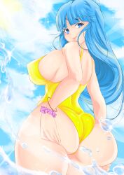 1girls aqua_eyes aqua_hair ass big_ass big_breasts breasts canonical_scene dragon_ball dragon_ball_z female female_only huge_ass huge_breasts long_hair looking_at_viewer looking_back maron moluscoo nipple_bulge shounen_jump sideboob solo solo_female swimsuit voluptuous