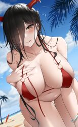 absurdres all_fours azur_lane ball beach beach_umbrella beachball bikini bird black_hair blue_sky blush bracelet breasts closed_mouth cloud collarbone ear_piercing eyes_visible_through_hair female female friedrich_der_grosse_(azur_lane) hair_over_one_eye hand_on_own_chest heart heart-shaped_pupils highres horns jewelry large_breasts larger_bmx leaf long_hair looking_at_viewer mole mole_on_breast navel o-ring o-ring_bikini palm_tree piercing red_bikini sand skindentation sky solo stomach strap_slip swimsuit symbol-shaped_pupils thigh_gap tongue tongue_out tree umbrella very_long_hair yellow_eyes