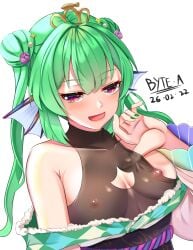 breasts finana_ryugu finana_ryugu_(2nd_costume) fish_ear fish_girl green_hair nijisanji nijisanji_en nipples see-through_clothing teasing virtual_youtuber