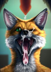 anthro canine cum drool earring eye_closed facial fox green_hair lips looking_at_viewer male maw mawshot mouth orange_fur saliva slobber teeth throat tongue vulpine white_fur