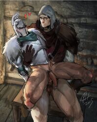 2boys anal anal_sex archdragonleak armor bearer_of_the_curse blush bottomless dark_souls dark_souls_2 flaccid flaccid_while_penetrated fromsoftware fur_collar gay helmet knight looking_down male male_only masked masked_male muscular muscular_male penis precum_drip smile sweat uncensored vengarl_of_forossa yaoi