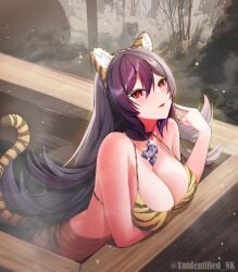 animal_ear_fluff animal_ears arm_under_breasts artist_name bangs bathing bikini breasts choker cleavage closed_mouth cross female flipped_hair from_above from_side glint hair_between_eyes hand_up highres ilya_(princess_connect!) ilya_ornstein large_breasts long_hair looking_at_viewer onsen partially_submerged pointing pointing_at_self princess_connect! princess_connect!_re:dive print_bikini purple_hair red_eyes red_lips smile solo steam strap_gap string_bikini swimsuit tail tiger_ears tiger_stripes tiger_tail twitter_username unidentified_nk very_long_hair water wooden_bathtub yellow_bikini