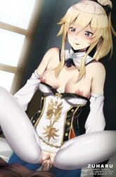 1boy 1boy1girl 1girls blonde_hair blush breasts cum cum_in_pussy genshin_impact jean_gunnhildr penis pussy sex torn_clothes uncensored zuharu