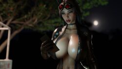 1girls 3d 3d_(artwork) areola_slip batman_(series) big_ass big_breasts big_lips black_clothing bodysuit catsuit catwoman catwoman_(jackerman) choker curvy dark_hair dc dc_comics female female_only full_cleavage glistening glistening_body glistening_skin gloves goggles goggles_on_head green_eyes holding_object huge_breasts jackerman latina leather looking_at_object mature_female moon moonlight navel night nipples_visible_through_clothing open_bodysuit open_clothes phone plump_lips red-tinted_goggles red_lips revealing_clothes smirk smirking solo sweat sweaty sweaty_breasts tan_skin thick_lips tight_clothing unzipped unzipped_bodysuit