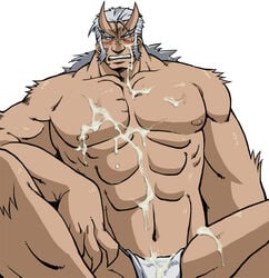 abs anthro blush color cum front_view fullmetal_alchemist fur furry horns law male male_only muscles sitting solo tagme