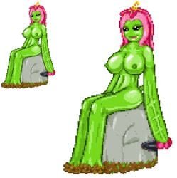 anthro breasts color digimon female female_only green_skin hair mimi_tachikawa nipples nude palmon pink_hair pixel_art rock sitting solo transformation transparent_background unnoticeableperson