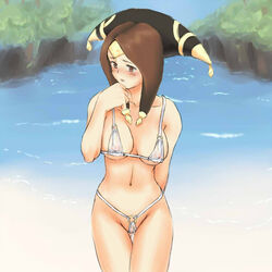 1girls bikini blush brown_eyes brown_hair female final_fantasy final_fantasy_xi hat long_hair midriff navel shiriana solo swimsuit tagme yve'noile