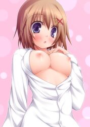 breasts brown_hair dress_shirt female hayate_yagami human kago_no_tori lyrical_nanoha mahou_shoujo_lyrical_nanoha mahou_shoujo_lyrical_nanoha_strikers nipples open_clothes open_shirt purple_eyes shirt short_hair