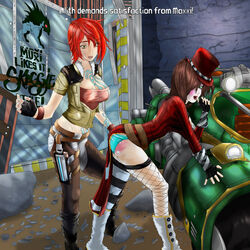 2girls ass beauty_mark bent_over blue_panties borderlands brown_hair bruise chaps cleavage coat english_text face_paint female female_only finger_to_mouth fingerless_gloves fishnets gloves green_eyes hazel_eyes jacket leaning_forward lilith_(borderlands) lipstick long_hair mad_moxxi mole multiple_girls naughty_face panties red_hair short_hair sirkibblez spanked spanking striped_thighhighs tattoo text thighhighs top_hat wristband yuri