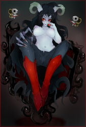 adventure_time areola areolae bite_marks black_hair black_pants blush breasts claw claws dark_hair demon demonic demonic_eyes erect_nipples fangs food fruit goth grey_skin high_heels horns keytar marceline nail nails navel nipples pale_skin red_eyes shoes sitting slugbox straight_hair strawberry vampire