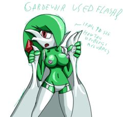 1girls anthro breasts clothing color female female_only front_view gardevoir green_skin multitaskerhege nintendo nipples pokemon pokemon_(species) pokemon_rse red_eyes solo standing tagme white_skin