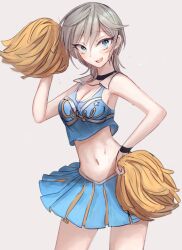 alternate_costume anastasia_(idolmaster) breasts cheerleader choker cleavage contrapposto female hand_on_hip highres idolmaster idolmaster_cinderella_girls medium_breasts midriff navel pom_pom_(cheerleading) rum_raisin_(chihiromakita19) smile solo sweat thighs white_background wristband