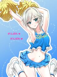 10s anastasia_(idolmaster) armpits arms_up cheerleader clothes_lift crop_top crop_top_overhang earrings female idolmaster idolmaster_cinderella_girls jewelry jumping looking_at_viewer midriff miniskirt navel pom_pom_(cheerleading) shimao_kazu shoes short_hair silver_hair skirt skirt_lift smile sneakers socks wind wind_lift