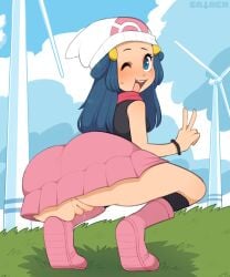 1girls ass big_ass big_butt blue_eyes blue_hair blush breasts dawn_(pokemon) eye_contact female genital_fluids hat human jpeg long_hair looking_at_viewer nintendo no_panties one_eye_closed peace_sign pokemon pokemon_dppt pussy pussy_juice sataenart sideboob sidelocks skirt solo upskirt windmill