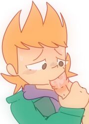 2boys blush brown_eyes cartoon_anatomy clothed_male_nude_male eddsworld fellatio gay ginger_hair grabbing_penis green_jacket matt_(eddsworld) oral penis_grab purple_hoodie saliva saliva_on_penis sweat white_background