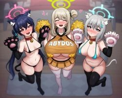 3girls abydos_high_school_logo_(blue_archive) abydos_high_school_student areola_slip arm_sleeves bell big_breasts black_bikini black_legwear blonde_hair blue_archive blue_bikini blue_eyes blue_hair blue_ribbon blush cameltoe cat_ears cat_paws cat_tail closed_eyes collar covered_nipples female female_only full_body hair_ornament hair_ribbon heart huge_breasts id_card long_hair multiple_girls nipple_bulge nonomi_(blue_archive) pasties paw_gloves pompoms poper red_eyes serika_(blue_archive) shiroko_(blue_archive) skirt small_breasts smile smiling smiling_at_viewer star_pasties string_bikini thighhighs twintails venus_body white_legwear wolf_ears