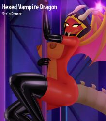 1girls anthro black_boots black_gloves boots choker dragon dragon_city fangs female heart-shaped_pupils high_heel_boots latex_boots latex_gloves nude_female pole_dancing r3d_sc0rp10 red_skin tail thigh_boots vampire yellow_eyes