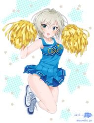 10s :d anastasia_(idolmaster) bare_shoulders blue_eyes blush breasts cheerleader commentary_request dotted_line female halftone halftone_background idolmaster idolmaster_cinderella_girls looking_at_viewer mizuki_makoto open_mouth pom_pom_(cheerleading) shoes short_hair silver_hair skirt smile sneakers solo sweat twitter_username upskirt