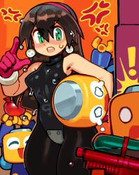 1girls black_leotard black_pantyhose brown_hair capcom crotch_plate earrings green_eyes hairband highleg_leotard long_hair mega_man mega_man_legends servbot small_breasts thick_thighs tron_bonne wamudraws wet