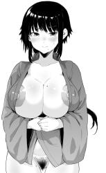 1girls areolae big_breasts blush breasts busty child_bearing_hips cleavage female female_only hips huge_breasts long_hair low_ponytail mole monochrome nipples original pubic_hair pussy smile solo thick_thighs thighs tomako_(tatihitoe) wide_hips