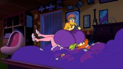 camera clothed_female daphne_blake drugs gigantic_breasts hanna-barbera headband holding_breasts hyper_breasts on_back on_bed photo pill_bottle pills red_hair scooby-doo screenshot_edit velma_dinkley woot