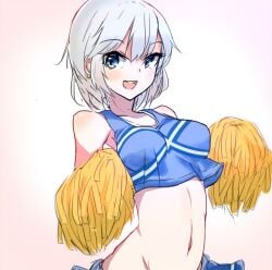 10s anastasia_(idolmaster) blue_eyes blue_theme cheerleader crop_top crop_top_overhang eyes female idolmaster idolmaster_cinderella_girls looking_at_viewer midriff navel open_mouth pom_pom_(cheerleading) short_hair silver silver_hair skirt smile solo