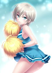 10s alternate_costume anastasia_(idolmaster) ass bare_shoulders blue_eyes blush character_name cheerleader copyright_name earrings female grin highres idolmaster idolmaster_cinderella_girls jewelry lips looking_at_viewer parted_lips pom_pom_(cheerleading) short_hair silver_hair skirt smile solo