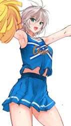 10s anastasia_(idolmaster) armpits bare_shoulders blue_eyes blush cheerleader earrings female highres idolmaster idolmaster_cinderella_girls jewelry looking_at_viewer midriff navel open_mouth pom_pom_(cheerleading) short_hair silver_hair skirt smile solo sweat tetsu_(kimuchi)