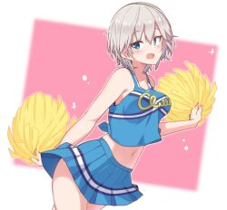 :d absurdres anastasia_(idolmaster) aqua_eyes armpit_crease azu_ankoowl blurry blurry_background blush breasts cheerleader cowboy_shot crop_top dutch_angle female grey_hair highres holding holding_pom_poms idolmaster idolmaster_cinderella_girls looking_at_viewer medium_breasts midriff miniskirt open_mouth pleated_skirt pom_pom_(cheerleading) pom_poms print_shirt shirt short_hair simple_background skirt sleeveless sleeveless_shirt smile solo sweatdrop