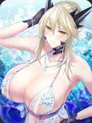 artoria_pendragon_(fate) artoria_pendragon_(lancer) artoria_pendragon_(lancer_alter) artoria_pendragon_(lancer_alter)_(fate) artoria_pendragon_(lancer_alter)_(royal_icing)_(fate) bare_shoulders black_gloves blonde_hair blue_babydoll blush braid breasts choker cleavage collarbone covered_nipples fate/grand_order fate_(series) female french_braid gloves hair_between_eyes horns jewelry large_breasts long_hair looking_at_viewer minami_koyogi necklace see-through sidelocks snowflake_print solo yellow_eyes