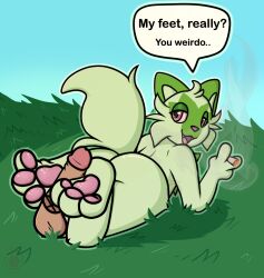 3_toes ambiguous_gender anthro ass balls bedroom_eyes big_butt cat_smile cel_shading cheek_tuft degradation dialogue dialogue_box disembodied_penis drugs eyelashes eyelids facial_tuft fangs feet felid field fluffy fluffy_tail foot_fetish foot_focus foot_play footjob fur genitals grass green_body green_fur hair head_tuft hi_res highlights_(coloring) hindpaw legs_up lying male mammal marijuana narrowed_eyes nintendo on_front onlypaws outdoors pawpads paws penis pink_pawpads plant pokémon_(species) pokemon pokemon_sv poking presenting raised_hand raised_tail red_eyes seductive sex shaded simple_background small_nose smoke smoke_from_mouth solo solo_focus speech_bubble spread_toes sprigatito stoned substance_intoxication teeth text thick_tail thick_thighs toe_curl toes tuft video_games wide_hips wrinkled_feet