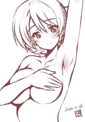 areolae arm_up armpits bangs blush braid breasts covering covering_breasts darjeeling dated eyebrows_visible_through_hair female french_braid girls_und_panzer kamogawa_tanuki large_breasts looking_at_viewer monochrome signature smile solo upper_body