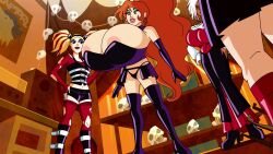 areola_slip bimbo cleavage cleavage_overflow daphne_blake dusk_(hex_girls) gigantic_breasts goggles hanna-barbera hex_girls hoop_earrings hyper_breasts leather lipstick luna_(hex_girls) ponytail red_hair scooby-doo screenshot_edit thick_thighs thigh_boots thorn_(hex_girls) woot