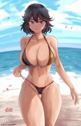 1girls 2022 arachnart artist_signature ass_visible_through_thighs athletic_female beach bikini black_hair blue_eyes breasts cleavage female female_only hi_res highlights hips hourglass_figure huge_breasts human kill_la_kill matoi_ryuuko micro_bikini outdoors pale_skin public red_highlights short_hair slim_waist swimwear thick_thighs thigh_gap thighs tomboy toned_female water wide_hips