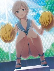 10s :d anastasia_(idolmaster) barbed_wire bikini blue_eyes breasts chain-link_fence cheerleader earrings feet female fence idolmaster idolmaster_cinderella_girls jewelry kabayaki_unagi looking_at_viewer medium_breasts open_mouth pom_pom_(cheerleading) sailor_bikini sailor_collar sailor_swimsuit_(idolmaster) sandals short_hair silver_hair smile solo squatting swimsuit toes