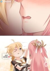 1boy 1boy1girl aether_(genshin_impact) almost_kissing alphazwei aroused blonde_hair blush dialogue earrings female genshin_impact gloves hair_ornament holding lips long_hair mihoyo pink_hair prank scarf wink yae_miko