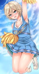 10s :d anastasia_(idolmaster) armpits bad_id bad_pixiv_id black_panties blonde_hair blue_eyes blush cheerleader dress earrings female idolmaster idolmaster_cinderella_girls inu_(marukome) jewelry jumping open_mouth panties pom_pom_(cheerleading) shoes short_hair smile sneakers solo sweat underwear upskirt