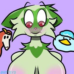 big_breasts blush cropped_torso female female_focus female_only fuecoco green_fur looking_at_viewer mttey3 nintendo nose_bleed penguin pink_eyes pokémon_(species) pokemon pokemon_only pokemon_sv quaxly shy sprigatito