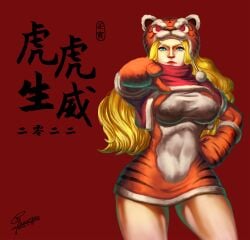 1girls 2022 angry artist_name blonde_hair blue_eyes breasts eyebrows eyelashes hand_on_hip kolin large_breasts lips looking_at_viewer navel pointing pointing_at_viewer skin_tight solo standing street_fighter street_fighter_v thick_thighs thighs tiger_costume tiger_ears tiger_print wide_hips xxx1320 year_of_the_tiger