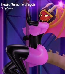 1girls anthro black_boots black_gloves boots choker dragon dragon_city fangs female heart-shaped_pupils high_heel_boots latex latex_bodysuit latex_boots latex_gloves pink_latex pole_dancing r3d_sc0rp10 red_skin tail thigh_boots vampire yellow_eyes